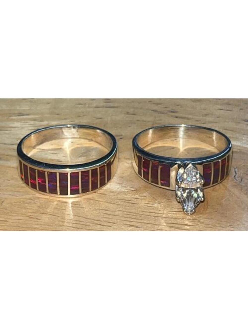 Navajo sterling silver traditional wedding band set cz opal inlay ring size 9
